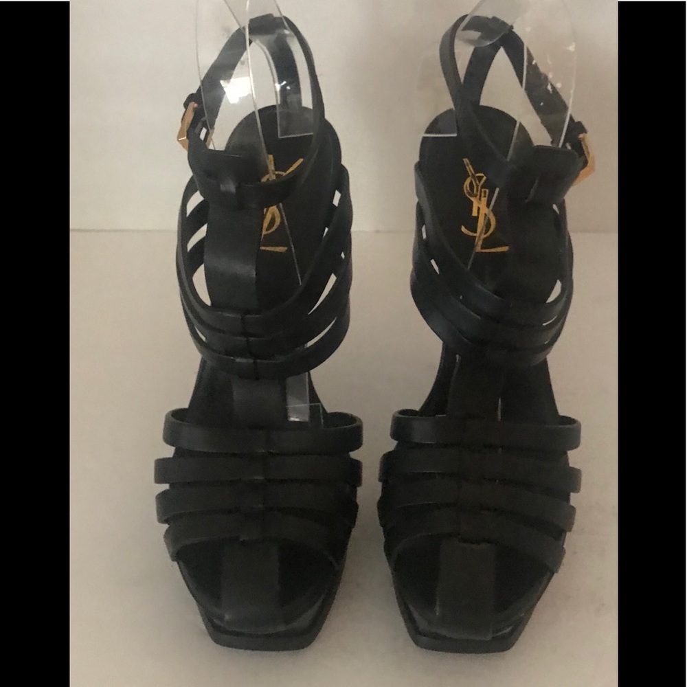 YSL Tribute Cage Sandal Black Leather 38 1/2
